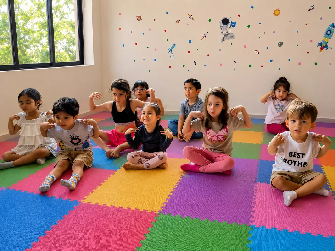 Niños sentados en círculo trabajando la conciencia corporal