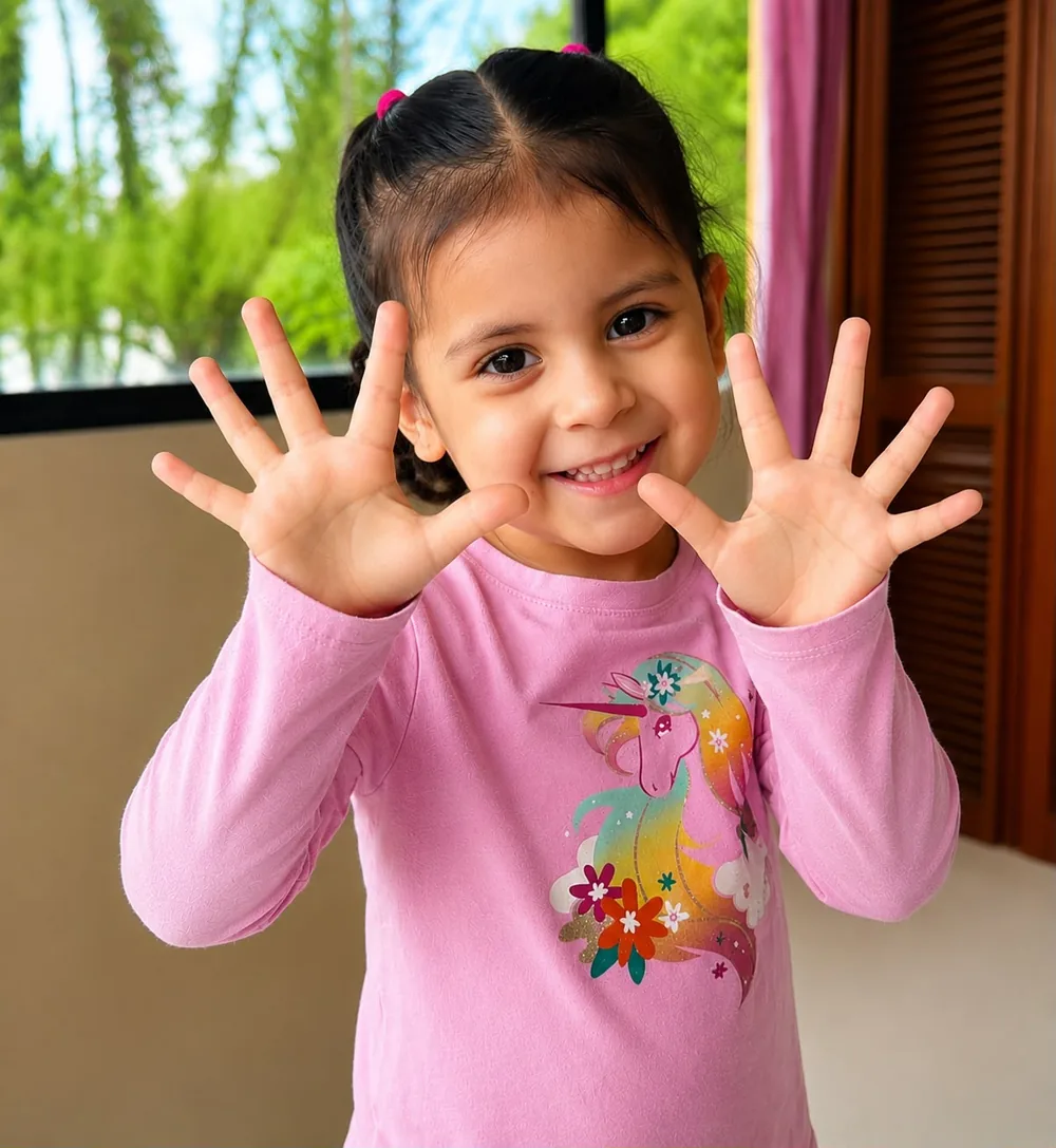 Niña sonriendo mostrando las manos durante la sesión